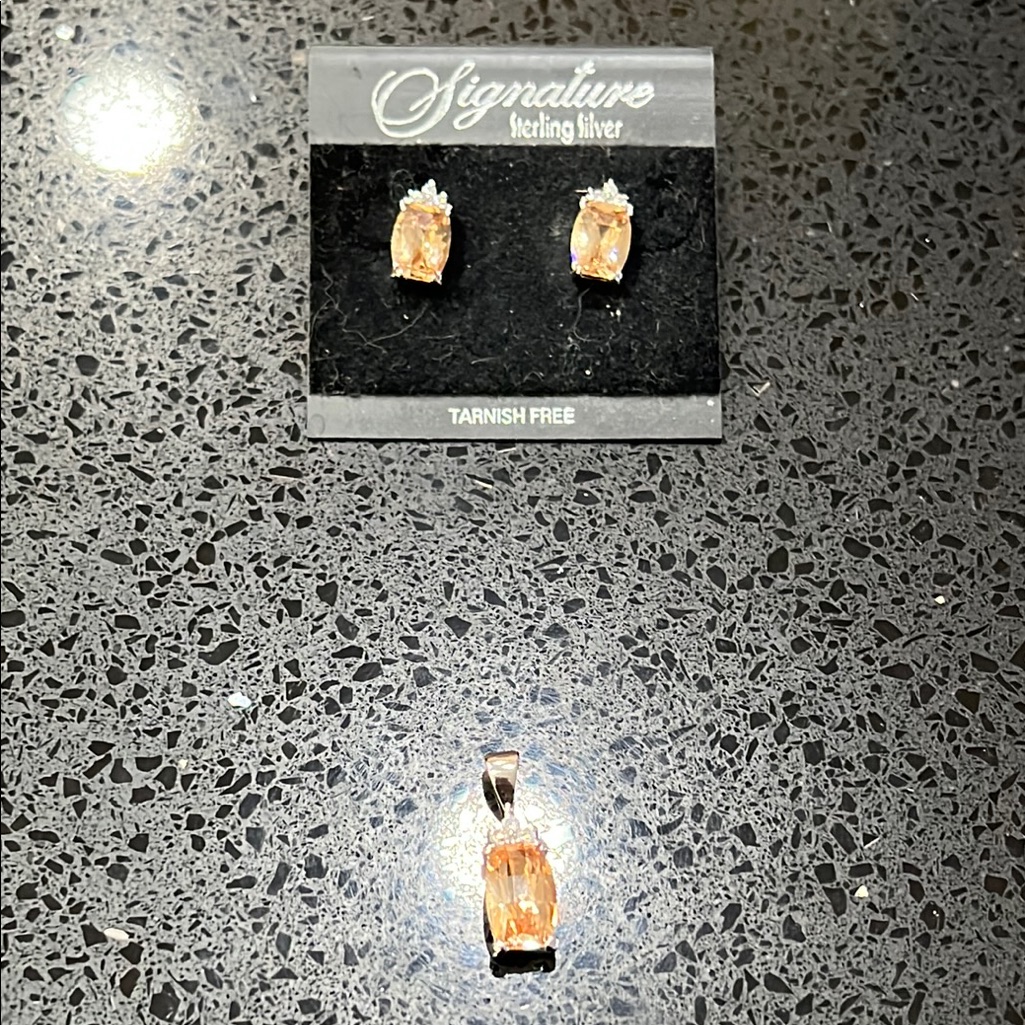 Signature Champagne Color Sterling Silver Earrings & Pendant With A Diamond Chip